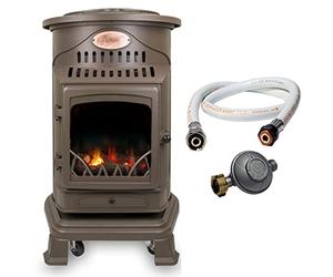 Universal Innovations Chauffage d'appoint gaz Provence 3,4 KW Marron miel Effet poêle à bois Fonte Tuyau gaz vissable 1.5 m + detendeur butane
