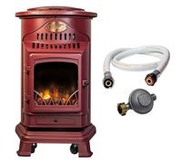 UNIVERSAL - Poêle à gaz Provence 3,4 KW Rouge Effet poêle à bois Fonte véritable Chauffage d'appoint + Tuyau gaz et détendeur