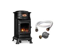 Universal Sahara - Poêle à gaz Provence 3,4KW Noir Fonte Véritable, Chauffage d'appoint Effet feu de Bois + Accessoires gaz Inclus : Tuyau gaz + Détendeur Butane