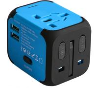 Universal Travel Adapter US EU UK AU with 2 USB Ports and Fuses for Approximately 150 Countries for Tablet PC,Smartphones,Cameras and MP3 Players-Blue