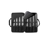 SABATIER TROMPETTE - Trousse fusil à aiguiser, 7 couteaux de cuisine: Désosser, Saigner, Découper, Filet, Boucher, Pain, Couteau à jambon - Universal - Acier MoV manche ABS rivets - 44 x 30 cm - Noir