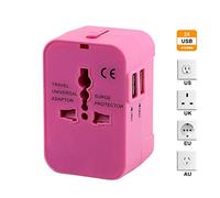 Universel Adaptateur de Voyage, Adaptateur Secteur Tout-en-Un dans Le Monde Entier Chargeur Mural International avec Deux Ports de Chargement USB pour Le Téléphone Portable US EU UK AUS Europe - Rose
