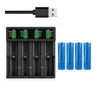 Universel Pile Chargeur avec 4 Pack 2200 mAh Button Top Pile Rechargeables NiMH, 4 Sel USB Batterie Chargeurs, pour Lampe Frontale LED, Mini Ventilateurs, Pile Taille:18.01mm * 67.01mm