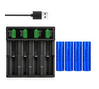 Universel Pile Chargeur avec 4 Pack 2200 mAh Flat Top Pile Rechargeables NiMH, 4 Sel USB Batterie Chargeurs, pour Lampe Frontale LED, Mini Ventilateurs, Pile Taille:18.01mm * 65.01mm