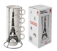 UNIWARE 6910 Lot de 4 Tasses à café en Porcelaine avec Cadre en Acier Inoxydable Motif Tour Eiffel Paris