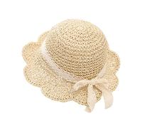 Uniyoung Chapeau de Paille d'été pour bébé Fille avec nœud en Dentelle et nœud - Chapeau de Protection Solaire à Large Bord Pliable pour Les Vacances, Les Voyages en Plein air, Beige, 6-24 Mois