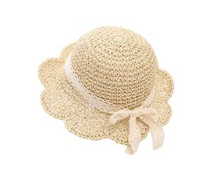 Uniyoung Chapeau de Paille d'été pour bébé Fille avec nœud en Dentelle et nœud - Chapeau de Protection Solaire à Large Bord Pliable pour Les Vacances, Les Voyages en Plein air, Beige, 6-24 Mois