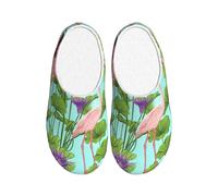 Unkhtt Flamingo Love Flowers Print Chaussons pour adulte en flanelle douce anti-boulochage Semelle antidérapante Maison Voyage