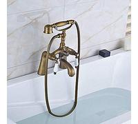 UNLOU Robinet d'évier de Baignoire à Deux poignées monté sur Pont téléphone mitigeur de Baignoire à Double Trou Debout avec pommeau de douchette, Laiton Antique B