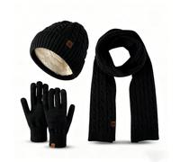 UNNESTAR FLeece Ensemble bonnet écharpe chapeau gants - Bonnet de ski d'hiver écharpes tricotées pour femmes et hommes par temps froid, Noir , taille unique