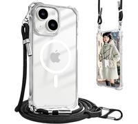 UnnFiko Chaîne de téléphone portable - Coque de protection pour iPhone 14 Plus - MagSafe - Avec bande - En silicone magnétique - Avec chaîne réglable à porter autour du cou - Blanc