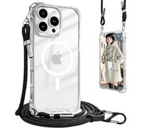 UnnFiko Chaîne de téléphone portable - Coque de protection pour iPhone 15 Pro MagSafe - Avec bande - En silicone magnétique - Avec chaîne réglable à porter autour du cou - Blanc