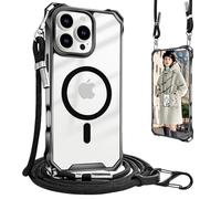 UnnFiko Chaîne de téléphone portable - Coque de protection pour iPhone 16 Pro MagSafe - Avec bande - En silicone magnétique - Avec chaîne réglable à porter autour du cou - Noir