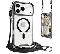 UnnFiko Chaîne de téléphone portable - Coque de protection pour iPhone 17 Pro MagSafe - Avec bande - En silicone magnétique - Avec chaîne réglable à porter autour du cou - Noir