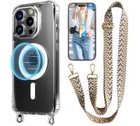 UnnFiko Chaîne de téléphone portable pour iPhone 15 Pro MagSafe - Avec bande - Transparent - Magnétique - Avec chaîne réglable à suspendre