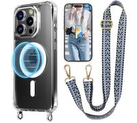 UnnFiko Chaîne de téléphone portable pour iPhone 16 Pro Max MagSafe - Avec bande - Transparent - Magnétique - Avec chaîne réglable à suspendre