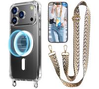 UnnFiko Chaîne de téléphone portable pour iPhone 17 Pro MagSafe - Avec bande - Transparent - Magnétique - Avec chaîne réglable à suspendre