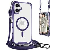UnnFiko Coque pour iPhone 16, violet, compatible avec MagSafe, étui de téléphone à bandoulière avec bandoulière, protection antichoc contre les chutes, coque de téléphone magnétique pour iPhone 16