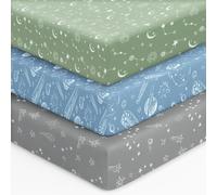 Unnivoll Draps housse de lit bébé 120 x 60 cm ajustés super doux et respirants Draps de lit tout-petit confortables Draps de lit bébé lot de 3 Gris Vert Constellation