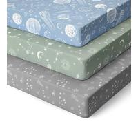 Unnivoll Lot de 3 draps-housses super doux et respirants pour lit de voyage 95 x 65 cm, gris et vert, constellation