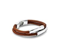 Uno de 50 Bracelet double en cuir chameau, avec deux tubes centraux plaqués argent