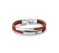 Uno de 50 Bracelet double en cuir chameau, avec deux tubes centraux plaqués argent