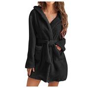 UnoSheng Peignoir pour femme en coton chaud - Peignoir moelleux avec capuche - Peignoir de sauna en tissu éponge - Longueur genou - Robe kimono - Doux et léger - Avec ceinture, Noir , L