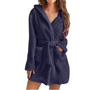 UnoSheng Peignoir pour femme en coton chaud - Peignoir moelleux avec capuche - Peignoir de sauna en tissu éponge - Longueur genou - Robe kimono - Doux et léger - Avec ceinture, Marine, S