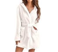 UnoSheng Peignoir pour femme en coton chaud - Peignoir moelleux avec capuche - Peignoir de sauna en tissu éponge - Longueur genou - Robe kimono - Doux et léger - Avec ceinture, Blanc., S