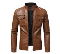 UnoSheng Veste de Moto en Cuir Vintage pour Homme - Marron - Coupe Ajustée - Col Montant - Demi-Saison d'Hiver - Coupe-Vent - Avec Poche