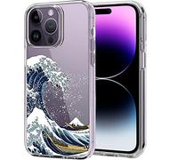 Unov Coque compatible avec iPhone 14 Pro - Transparente avec motif - Protection fine en TPU souple - Motif gaufré - 6,1" (Great Wave)