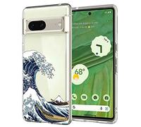 Unov Coque compatible avec Pixel 7 - Transparent avec motif - Protection fine en TPU souple - Motif floral en relief - 6,3" (Great Wave)