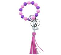 Unpafcxddyig Bracelet de poignet porte-clés perles en silicone avec pompon en cuir et strass porte-clés argenté pour femmes et filles, violet/rouge, taille unique
