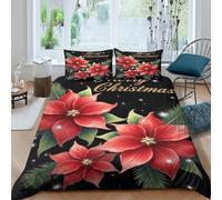 UNRXJZLVM Christmas Flowers Linge de Lit Microfibre 3 Pièces Imprimé en 3D Super Douce Rouge Poinsettia Festive Housse de Couette avec Fermeture Éclair Résistante for Chambre Enfants King（220x240cm）