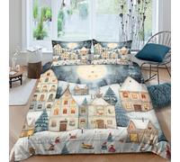 UNRXJZLVM Christmas Village Parure de Lit Microfibre résistante 3 pièces 3D Effet Confortable Hiver Fairy Tale Housse de Couette avec Fermeture Éclair Respirante for Garçons Filles Double（200x200cm）