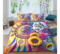 UNRXJZLVM Housse de Couette 3D Imprimée Loup Attrape-Rêves Tournesol Microfibre Parure de Lit Décor Chambre Doux Respirant Idée Cadeau Maison Single（135x200cm）