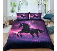UNRXJZLVM Housse de Couette Cheval Noir 3D Imprimé Microfibre Décoration de Chambre Parure de Lit Étalon Violet Doux Respirant pour Adultes Adolescents Double（200x200cm
