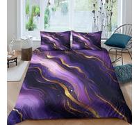 UNRXJZLVM Housse de Couette Marbre Violet 3D Imprimée Microfibre Décoration Chambre Parure de Lit Vagues Dorées Douce Toutes Saisons Single（135x200cm）