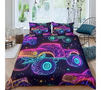 UNRXJZLVM Housse de Couette Microfibre 3D Imprimé Camion Monstre Néon, Parure de Lit Racing Car Colorée pour Adultes Adolescents, Doux Respirant Décoration Chambre Single（140x200cm）