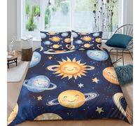 UNRXJZLVM Housse de Couette Microfibre 3D Imprimé Planètes Cartoon Ensemble de Linge de Lit Système Solaire Décoration Chambre Cadeau pour Adolescents et Adultes King（220x240cm）