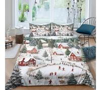 UNRXJZLVM Housse de Couette Microfibre Imprimée 3D Décor Hiver Nordique Village Scandinave Parure de Lit Respirant Doux Tous Usages Single（135x200cm）