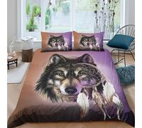UNRXJZLVM Loup Head Linge de Lit Léger Microfibre résistante 3 Pièces 3D Effet Native American Style Ensemble De Literie avec Fermeture Éclair Douce for Chambre Adulte Single（135x200cm）