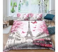 UNRXJZLVM Paris Romantique Housse de Couette 3D Impression Microfibre Décor Chambre Ensemble de Literie Doux Respirant pour Maison Double（200x200cm