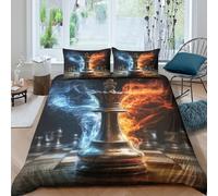 UNRXJZLVM Parure de lit 3D imprimée échiquier Flamme Bleue Housse de Couette Microfibre Décoration Chambre Ensembles de lit d'échecs Doux Respirant Double（200x200cm