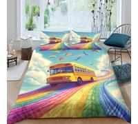 UNRXJZLVM Rainbow Bus Journey Housse de Couette Microfibre résistante 3 Pièces 3D Imprimée Confortable Fantaisie Cartoon Linge de Lit avec Taie d'oreiller Ultra Douce for Garçon Single（140x200cm）