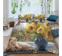UNRXJZLVM Sunflowers in Vase Parure de Lit 3 pièces 3D Effet Confortable Still Life Peinture Ensemble De Literie avec 2 Taies d'oreiller for Enfants Garçons Filles Super King（260x220cm）