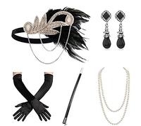 UNTERING Accessoires de fête pour femme - Serre-tête, collier, boucles d'oreilles, gants - Pour cocktail, fête, bal de fin d'année, Q, taille unique