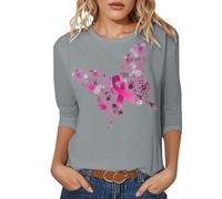 Unterstützend T-shirt pour femme Col rond Manches courtes T-shirt graphique Minimaliste Inspirant Déclaration Papillon Imprimé Nœud Rose Chemise de charité pour la course de dons, Style-h02 Gris, M