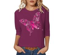 Unterstützend T-shirt pour femme Col rond Manches courtes T-shirt graphique Minimaliste Inspirant Déclaration Papillon Imprimé Nœud Rose Chemise de charité pour la course de dons, Style H03 Rose vif