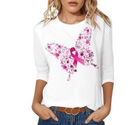 Unterstützend T-shirt pour femme Col rond Manches courtes T-shirt graphique Minimaliste Inspirant Déclaration Papillon Imprimé Nœud Rose Chemise de charité pour la course de dons, Style-h06 blanc, S